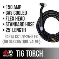 Thumbnail for CK Worldwide | TIG Torch #17 Style w/ gas valve - (CK17V-25-R FX) W/ 25ft. Standard hose